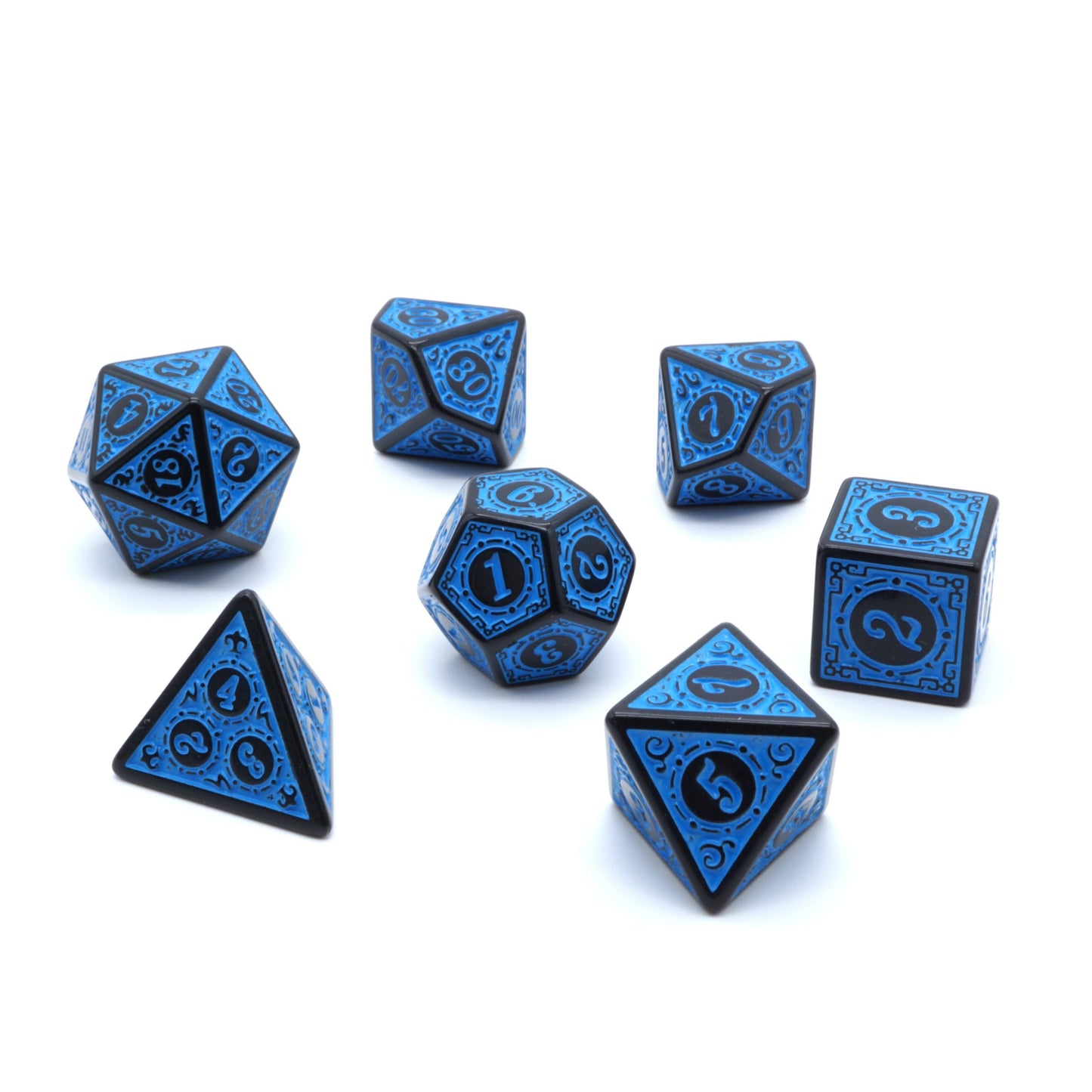 7-teiliges Steampunk Würfelset für D&D & Tabletop blau / schwarz
