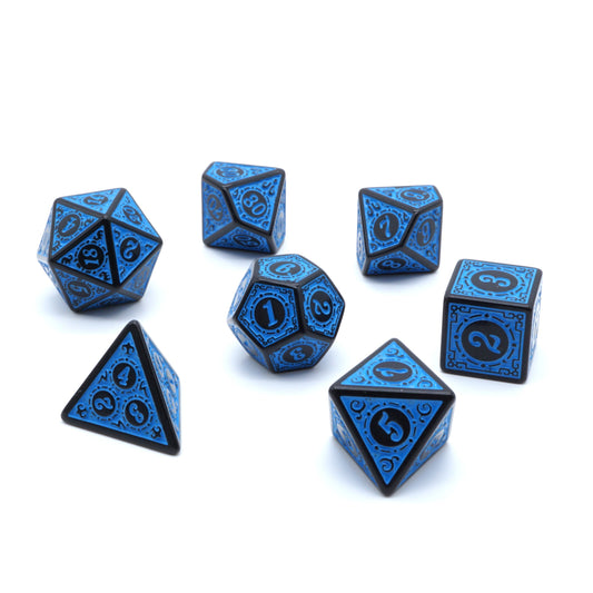 7-teiliges Steampunk Würfelset für D&D & Tabletop blau / schwarz