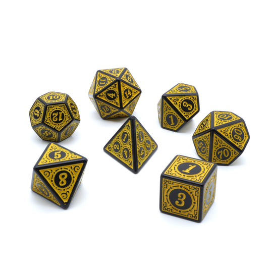 7-teiliges Steampunk Würfelset für D&D & Tabletop gelb / schwarz