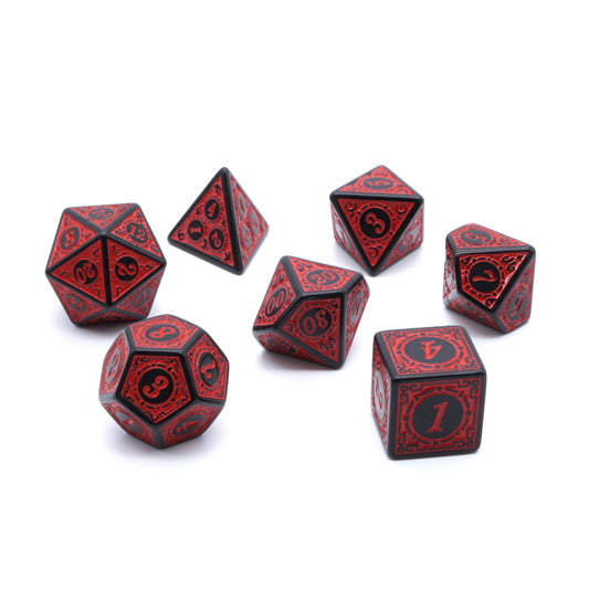 7-teiliges Steampunk Würfelset für D&D & Tabletop rot / schwarz
