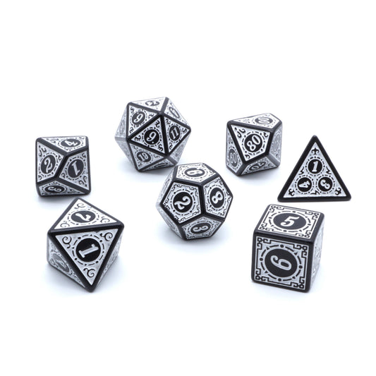 7-teiliges Steampunk Würfelset für D&D & Tabletop weiß / schwarz