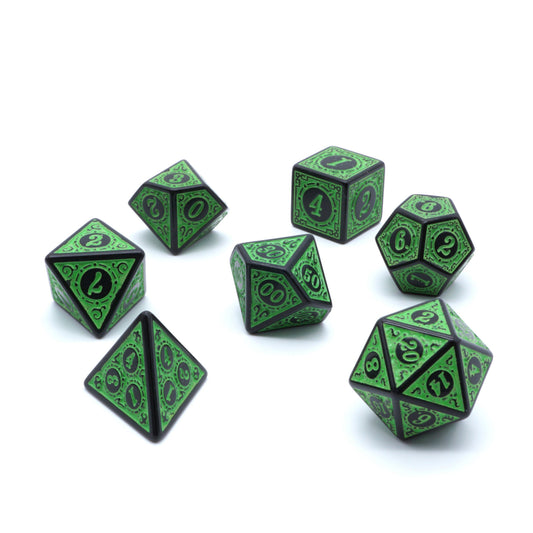 7-teiliges Steampunk Würfelset für D&D & Tabletop grün / schwarz